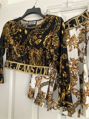Versace Barocco Jeans Couture  Black & Gold Baroque Cropped too with skirt Set